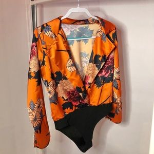 Orange Body Suit Blazer with Black Floral Design